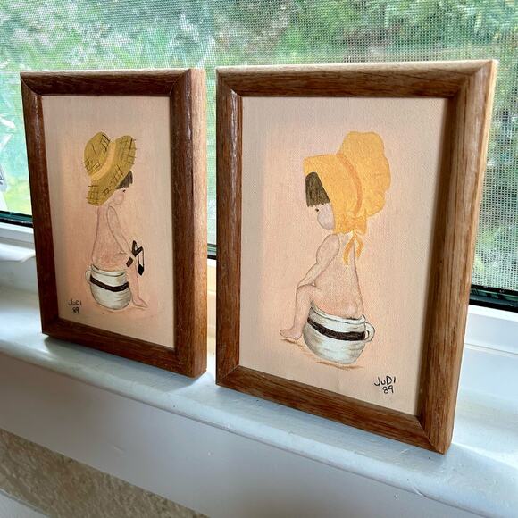 Vintage Framed Paintings Boy And Girl on Chamber Pots, set of 2 - Picture 7 of 11